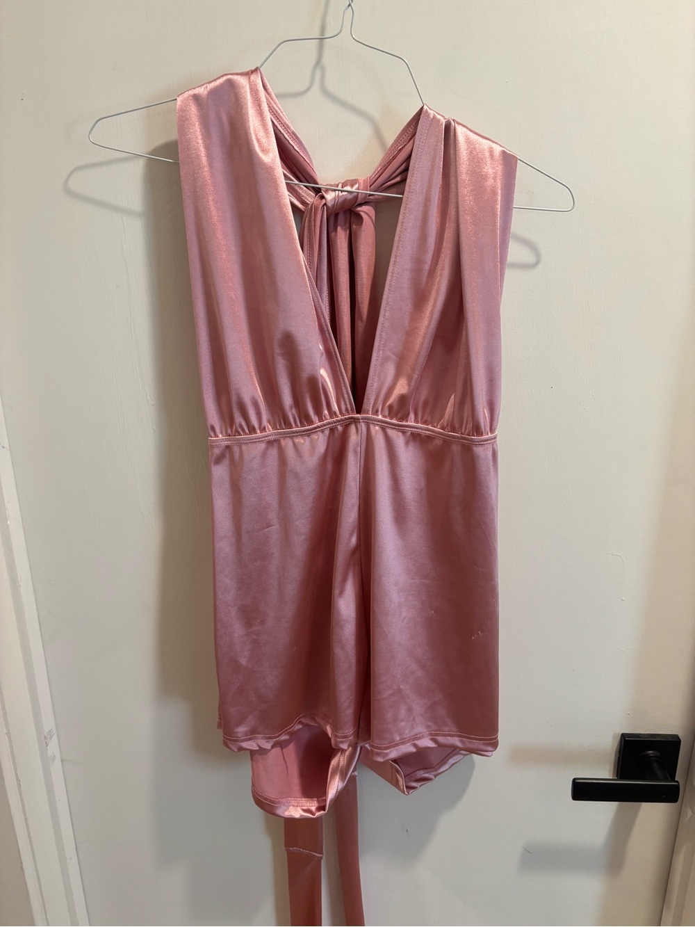 Silky Rose Pink V-Neck Romper with Back Tie